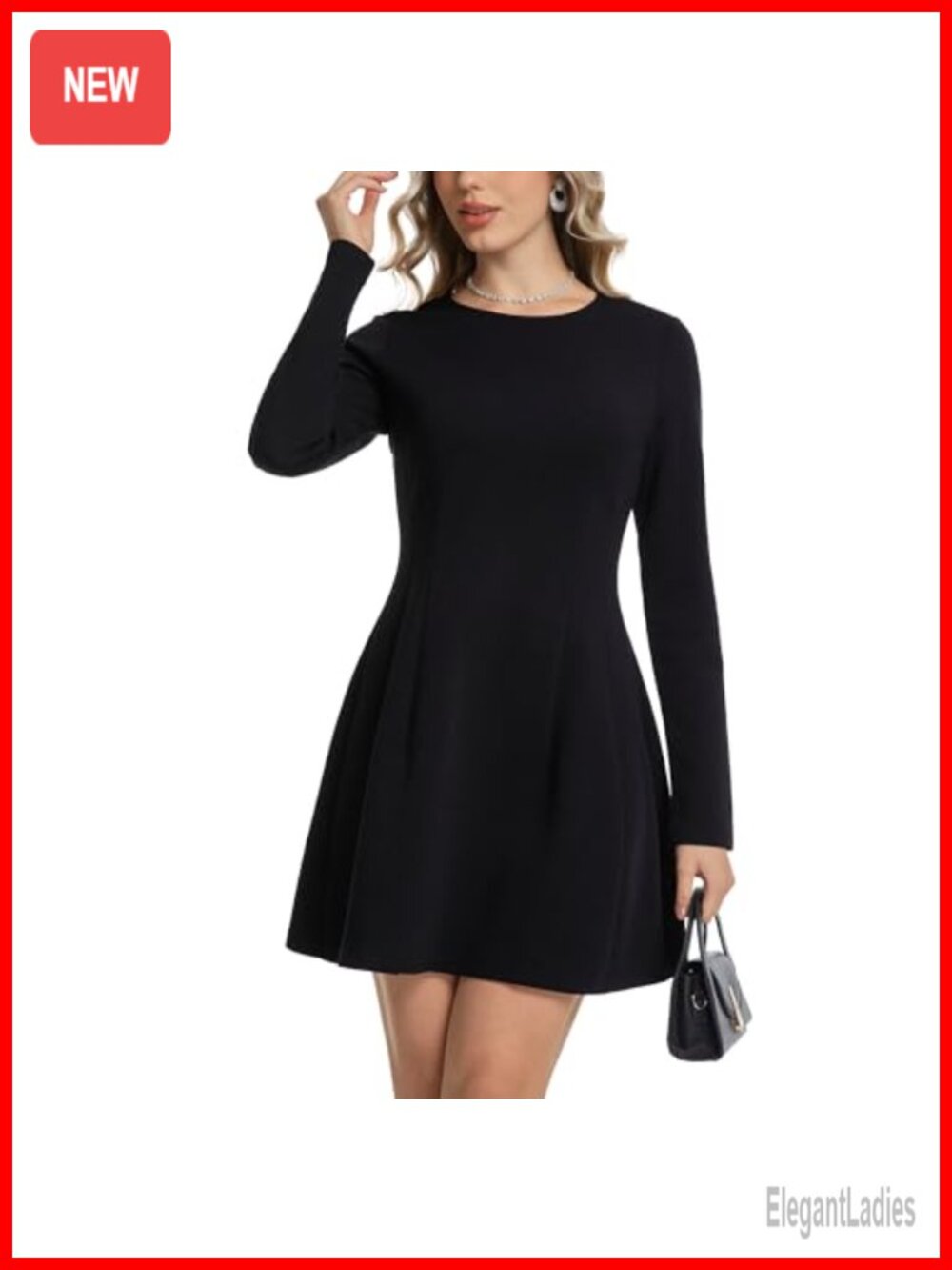 Womens Long Sleeve Knit Babydoll A Line Mini Dress Pleated Casual
